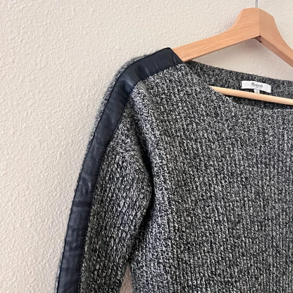 Madewell Merino Wool Marled Gray Leather Trim Ribbed Boatneck Sweater S‌‌‌‌‌‌‌‌